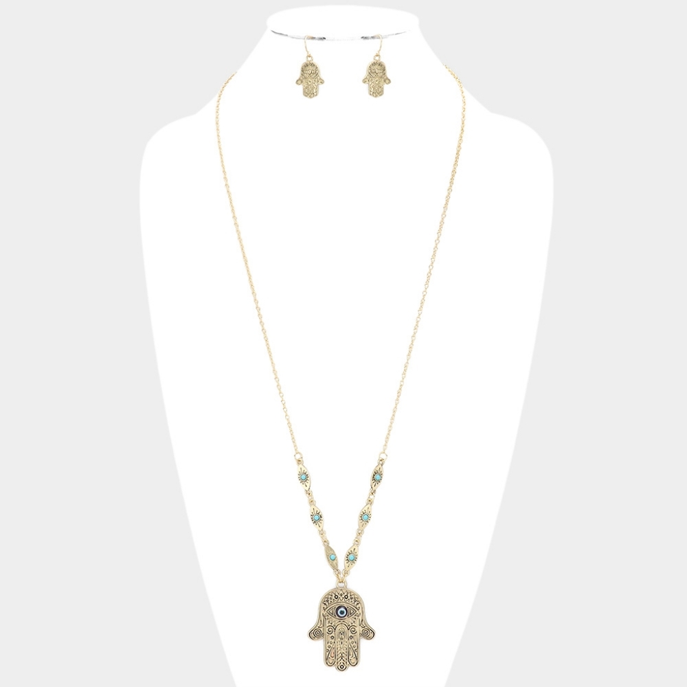 Antique Gold Evil Eye Hamsa Hand Pendant Necklace Long Sweater Chain